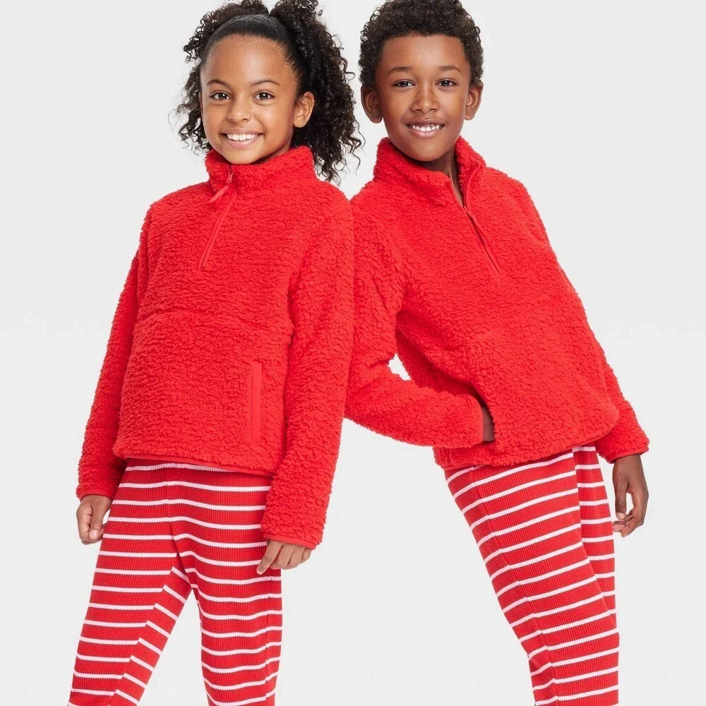 Kids Faux Shearling Half Zip Up Pajama Pullover - Wondershop Red Size Medium 8